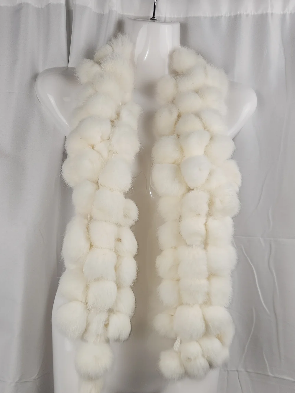 White Rabbit Fur Pom-Pom Scarf Wrap - Plush Winter Accessory